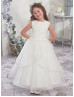 Beaded Lace Ruffle Tulle Ankle Length Flower Girl Dress With Horsehair Hem